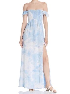 Aqua Light Blue Off-Shoulder Tie-Dye Maxi Dress